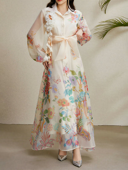 Detachale 3D Flower Lantern Sleeves Floral Print Maxi Dress