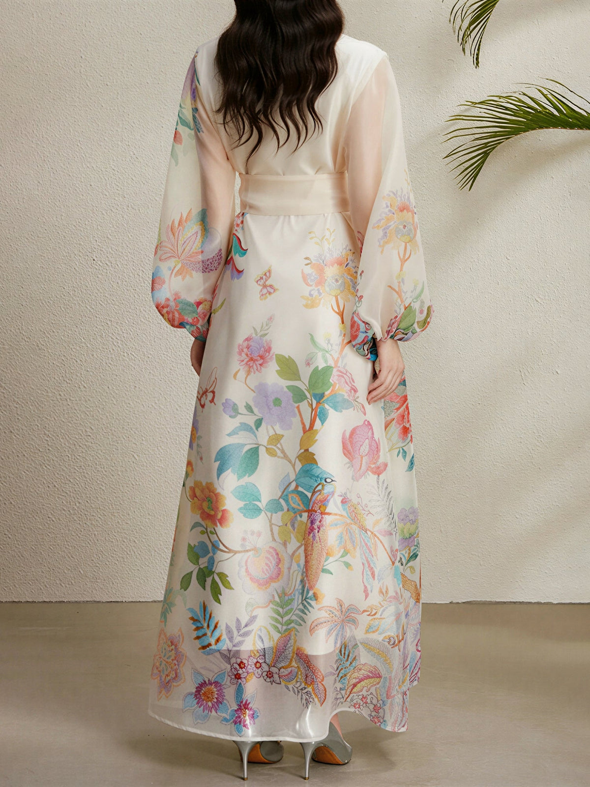 Detachale 3D Flower Lantern Sleeves Floral Print Maxi Dress
