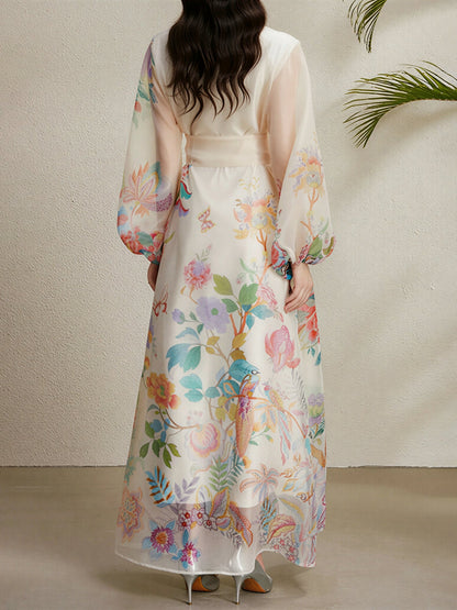Detachale 3D Flower Lantern Sleeves Floral Print Maxi Dress
