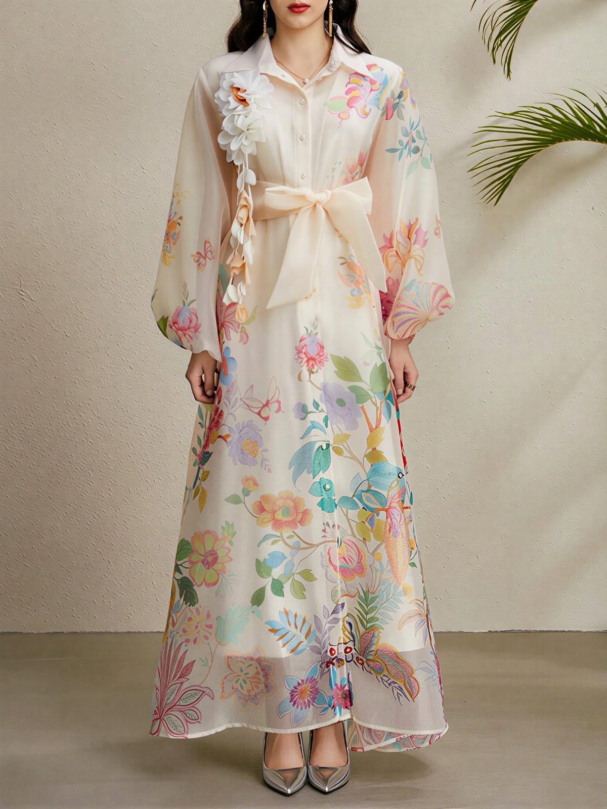 Detachale 3D Flower Lantern Sleeves Floral Print Maxi Dress