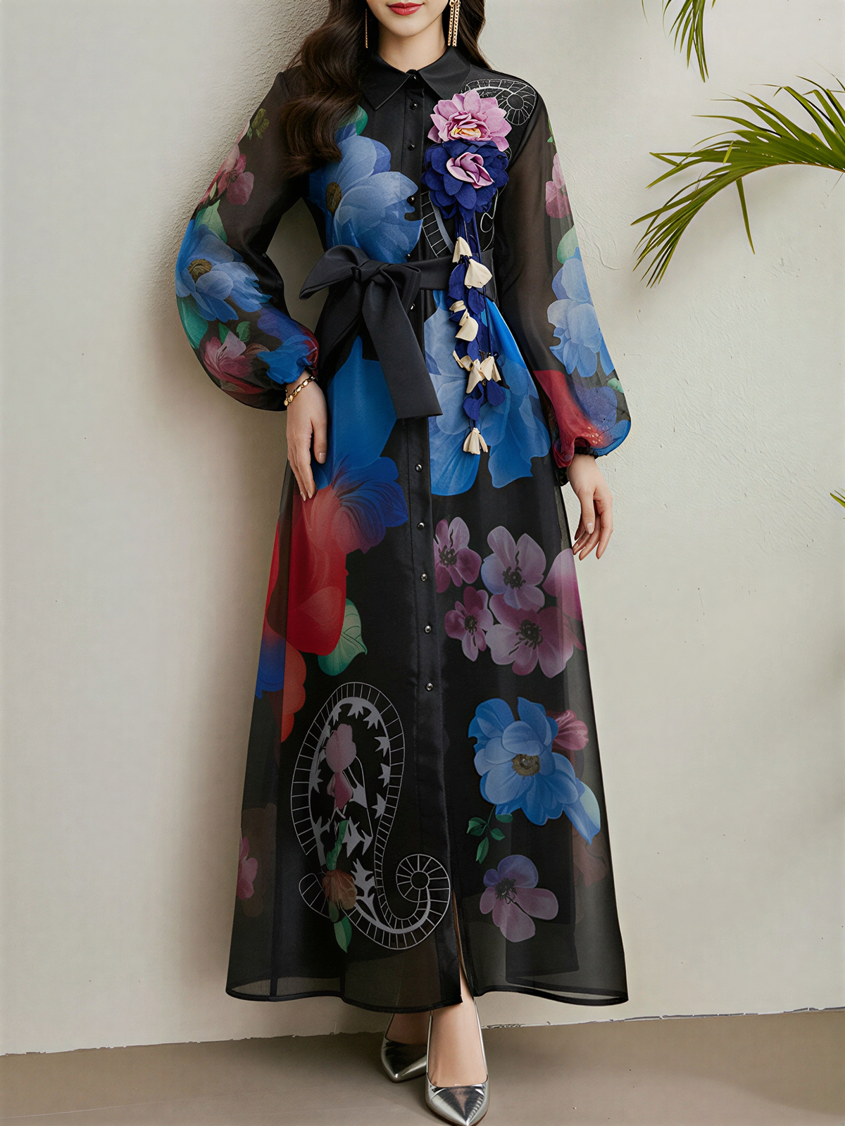 Detachale 3D Flower Lantern Sleeves Floral Print Maxi Dress