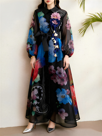 Detachale 3D Flower Lantern Sleeves Floral Print Maxi Dress