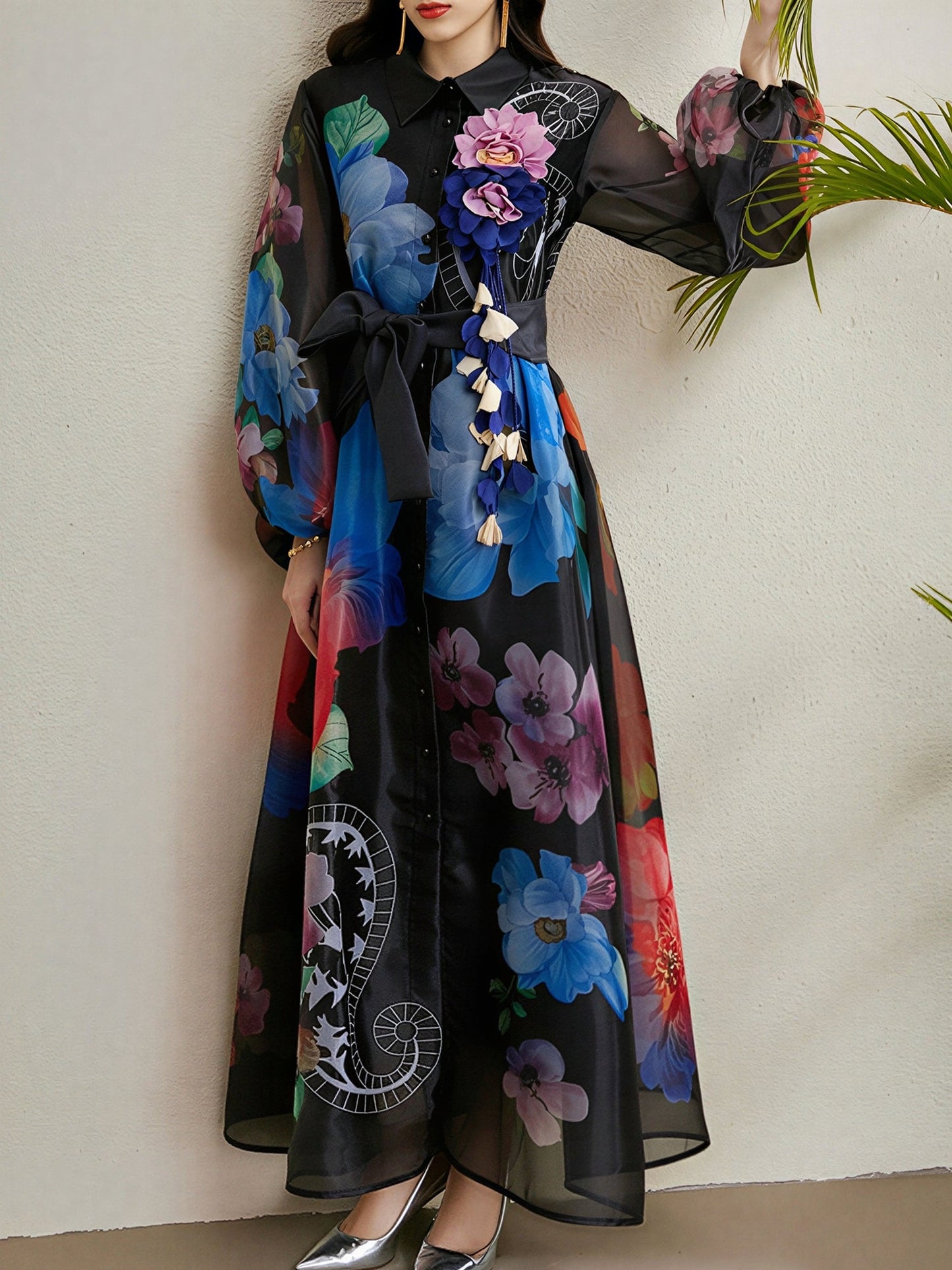 Detachale 3D Flower Lantern Sleeves Floral Print Maxi Dress