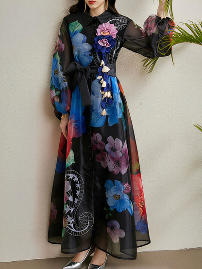 Detachale 3D Flower Lantern Sleeves Floral Print Maxi Dress
