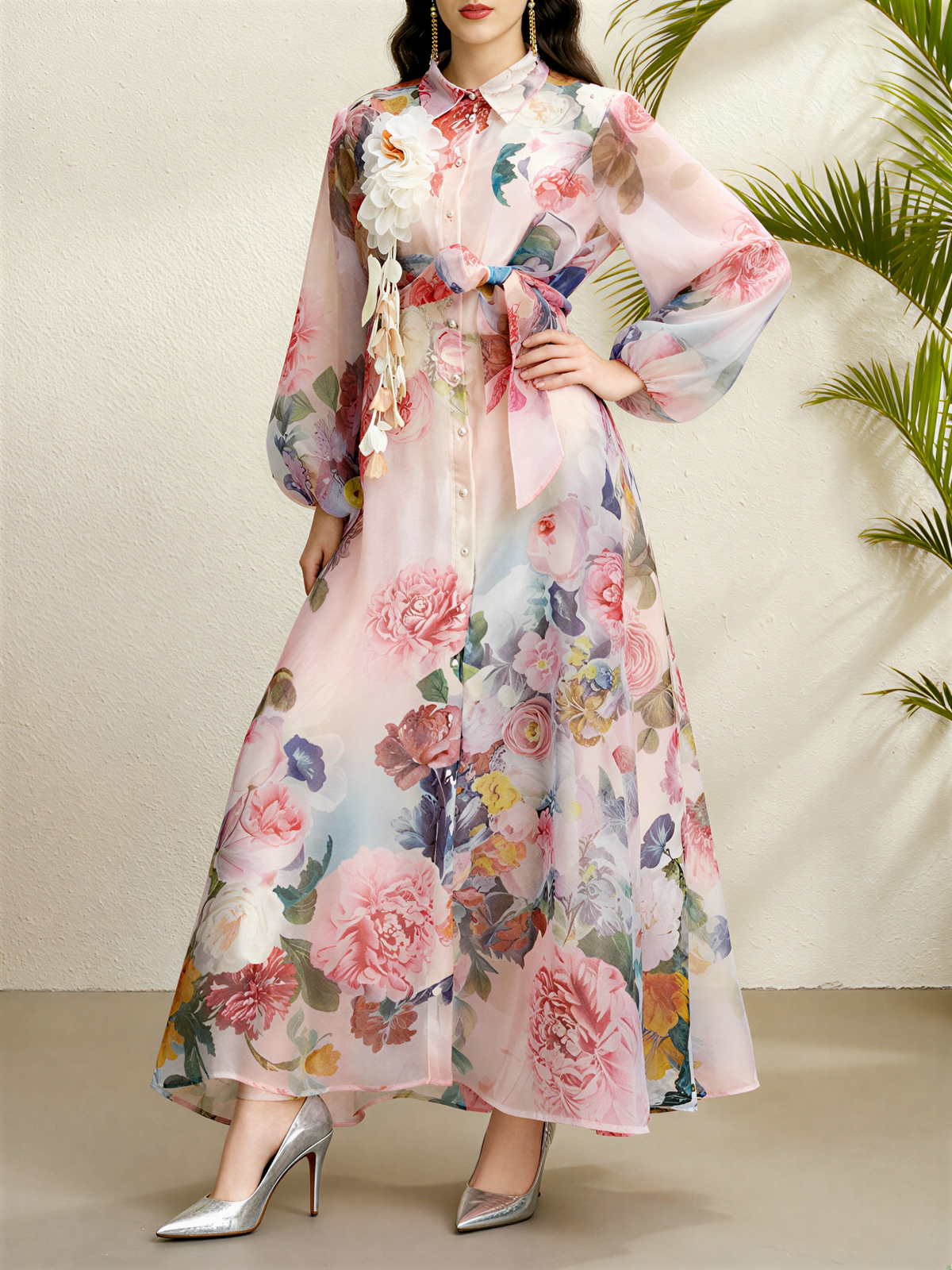 Detachale 3D Flower Lantern Sleeves Floral Print Maxi Dress