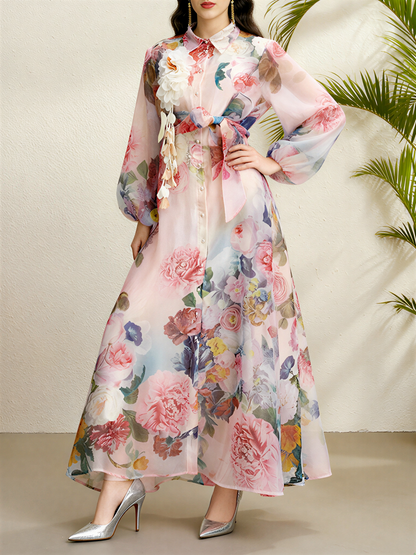 Detachale 3D Flower Lantern Sleeves Floral Print Maxi Dress