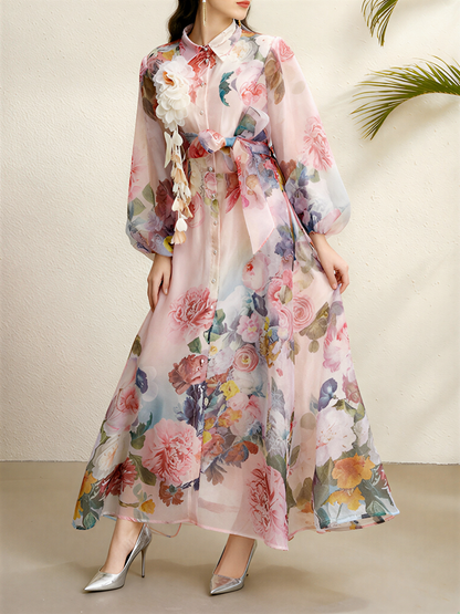 Detachale 3D Flower Lantern Sleeves Floral Print Maxi Dress