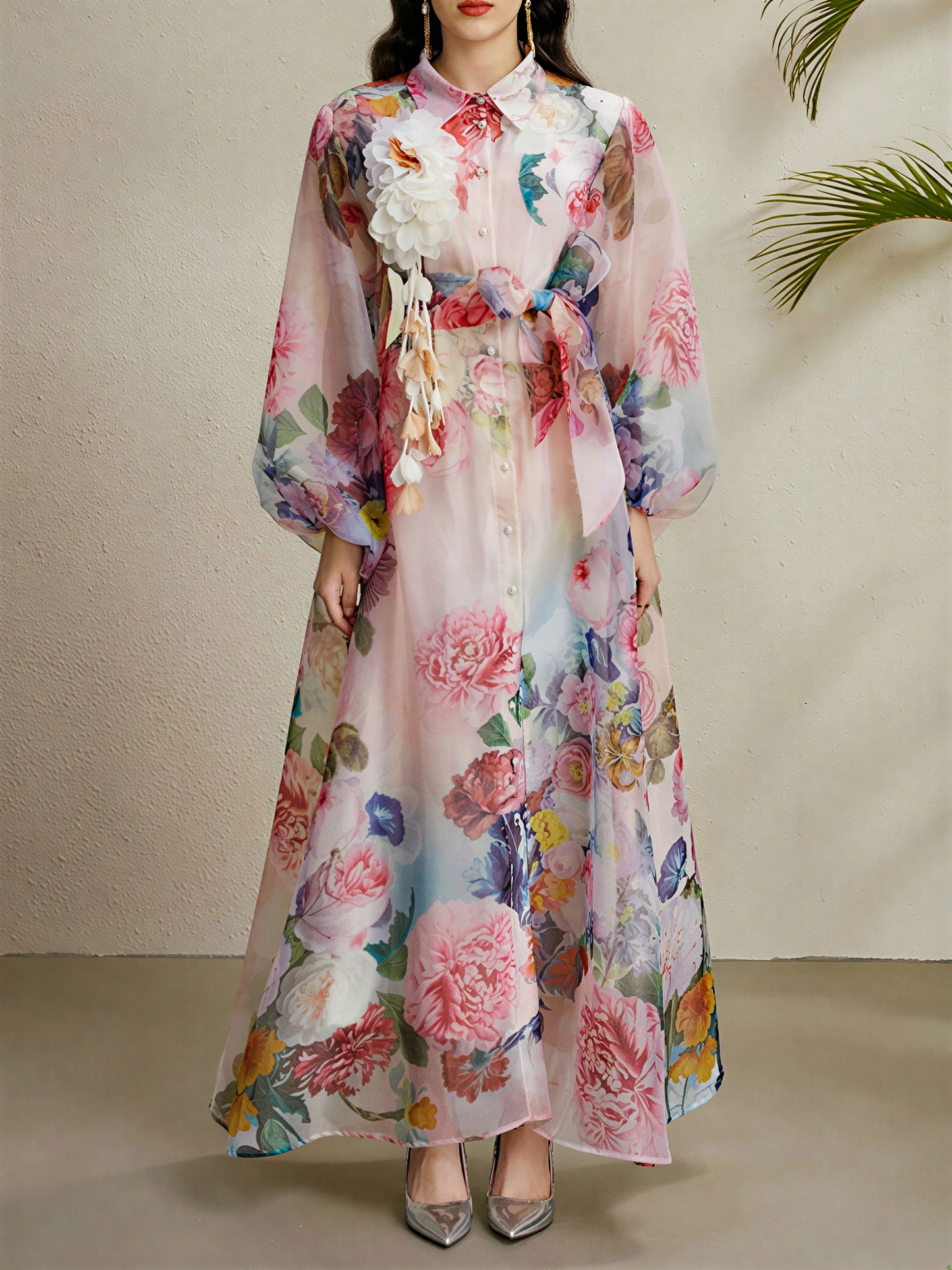 Detachale 3D Flower Lantern Sleeves Floral Print Maxi Dress