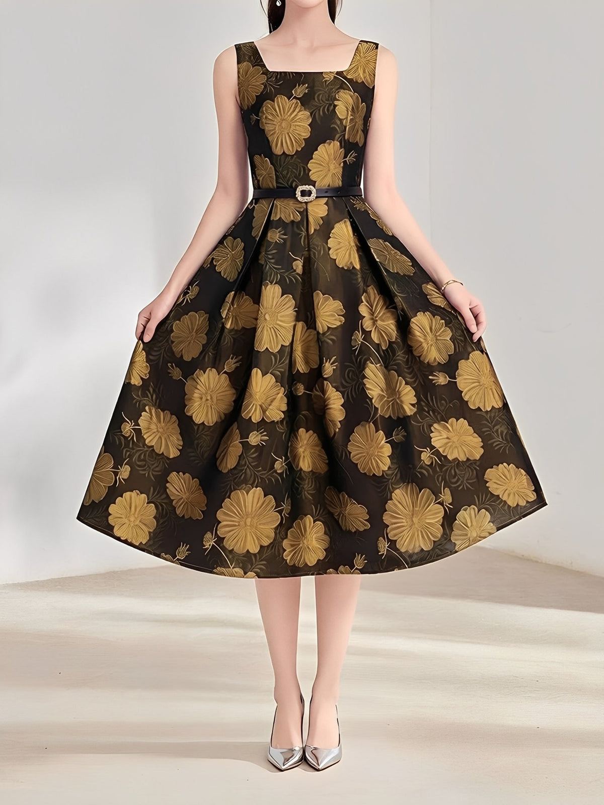 Floral Jacquard Sleeveless A-Line Belted Midi Dress