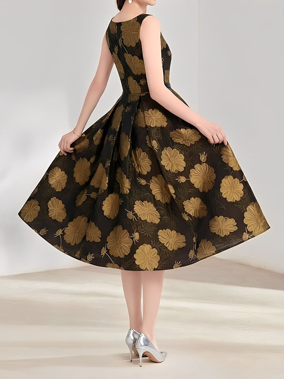 Floral Jacquard Sleeveless A-Line Belted Midi Dress