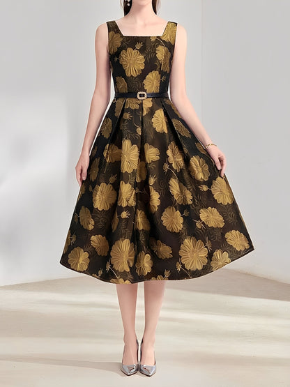 Floral Jacquard Sleeveless A-Line Belted Midi Dress