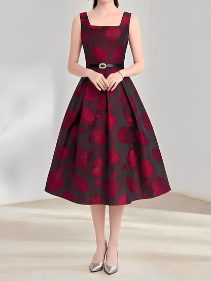 Floral Jacquard Sleeveless A-Line Belted Midi Dress
