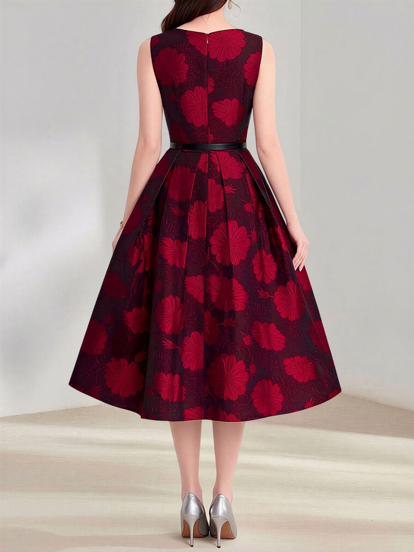 Floral Jacquard Sleeveless A-Line Belted Midi Dress