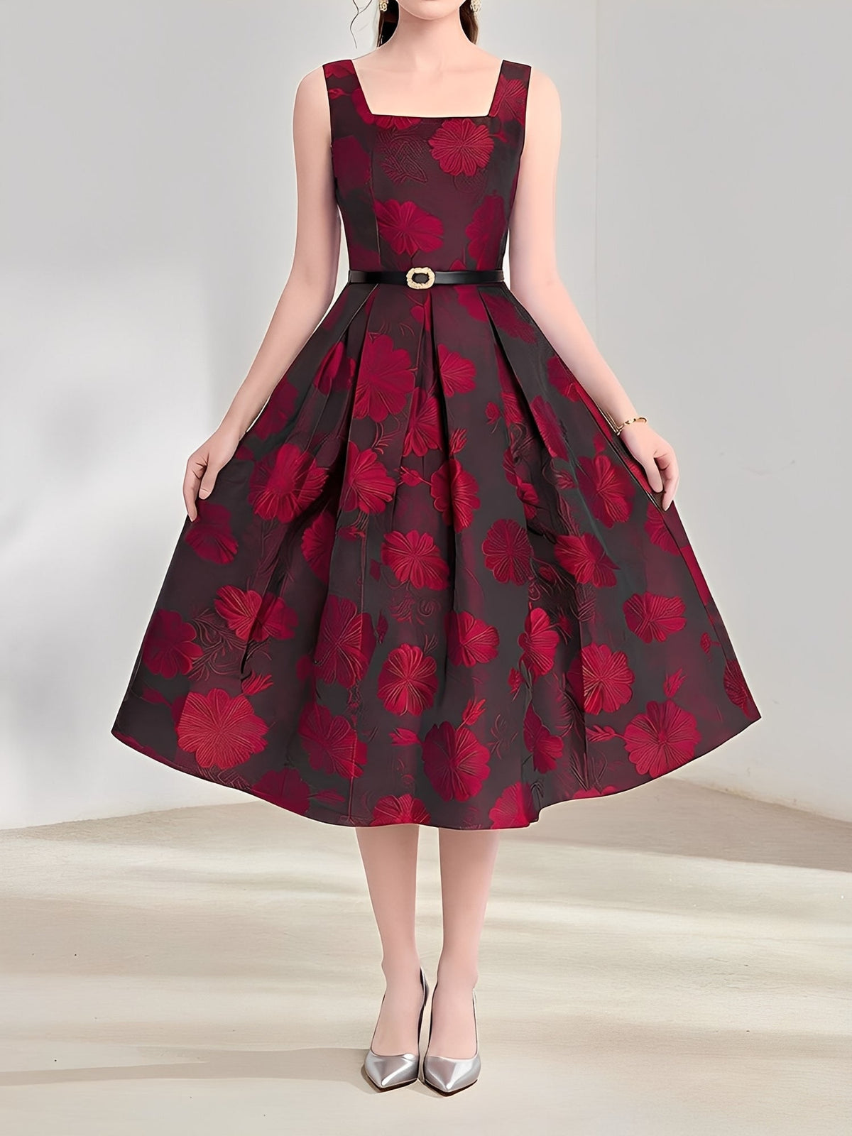 Floral Jacquard Sleeveless A-Line Belted Midi Dress