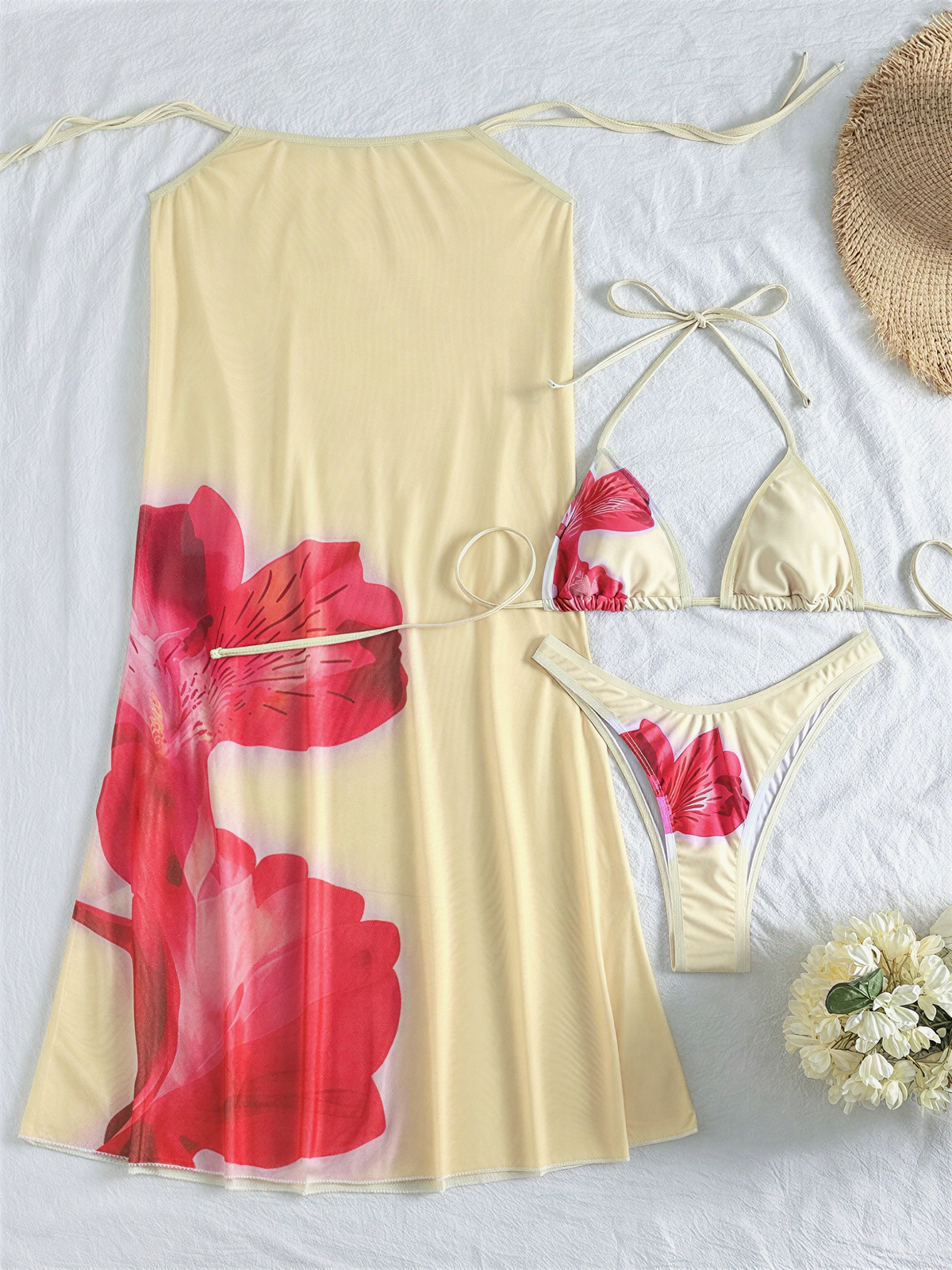 3 Pieces Floral Leopard Halter Neck Bikinis & Maxi Bodycon Skirt Cover-Up Beachwear Set