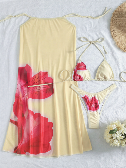 3 Pieces Floral Leopard Halter Neck Bikinis & Maxi Bodycon Skirt Cover-Up Beachwear Set