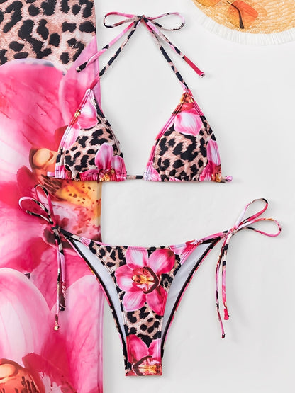 3 Pieces Floral Leopard Halter Neck Bikinis & Maxi Bodycon Skirt Cover-Up Beachwear Set