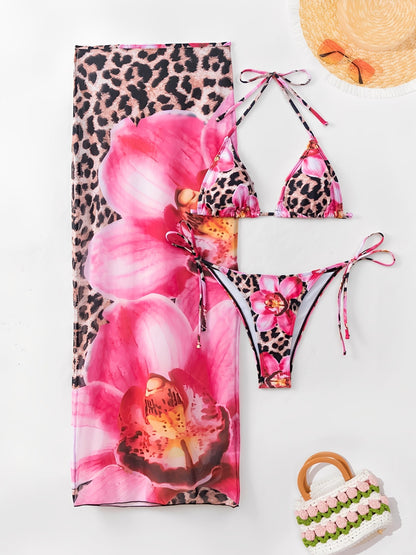 3 Pieces Floral Leopard Halter Neck Bikinis & Maxi Bodycon Skirt Cover-Up Beachwear Set
