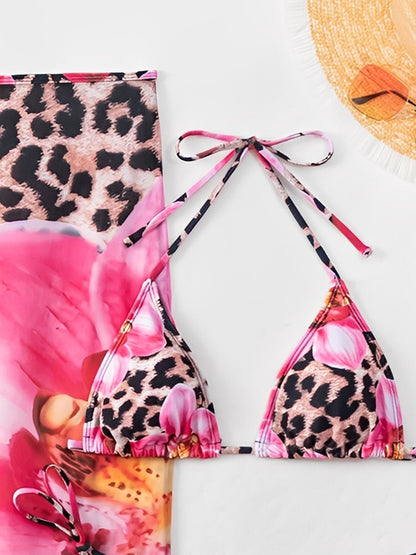 3 Pieces Floral Leopard Halter Neck Bikinis & Maxi Bodycon Skirt Cover-Up Beachwear Set