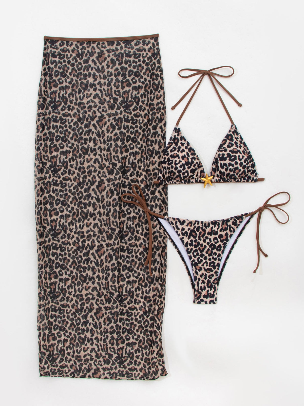 3 Pieces Floral Leopard Halter Neck Bikinis & Maxi Bodycon Skirt Cover-Up Beachwear Set