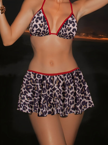 3 Pieces Swimsuit Set Leopard Print Triangle Bikini and Cover-up Skirt