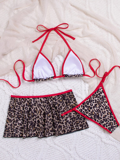 3 Pieces Swimsuit Set Leopard Print Triangle Bikini and Cover-up Skirt