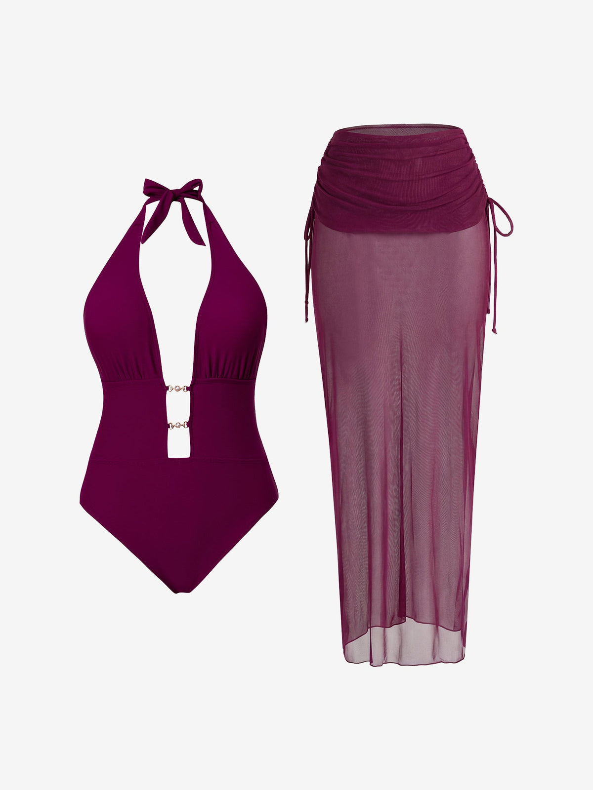 2 Pieces Halter Neck Swimsuit & Bodycon Ruched Skrit Cover-Up Beachwear Set