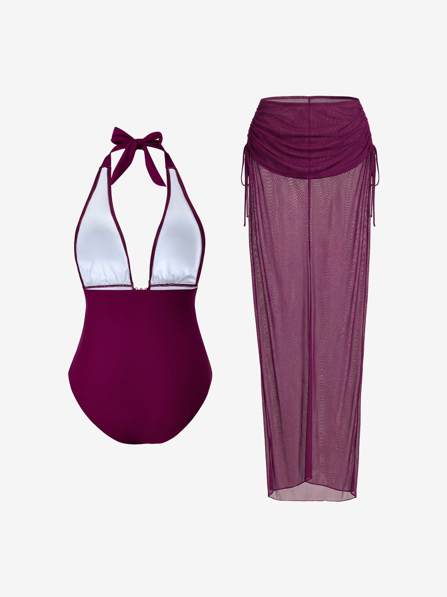 2 Pieces Halter Neck Swimsuit & Bodycon Ruched Skrit Cover-Up Beachwear Set