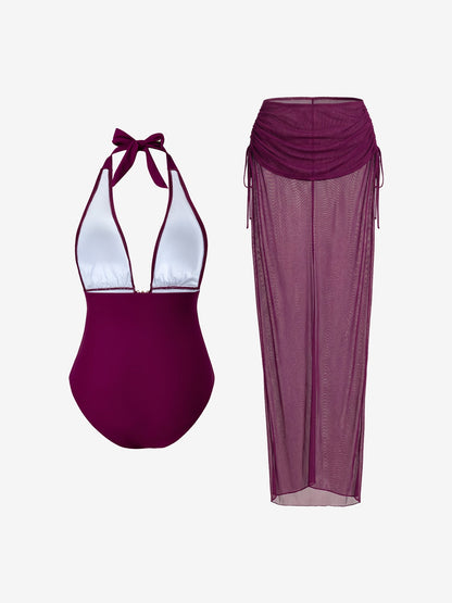 2 Pieces Halter Neck Swimsuit & Bodycon Ruched Skrit Cover-Up Beachwear Set