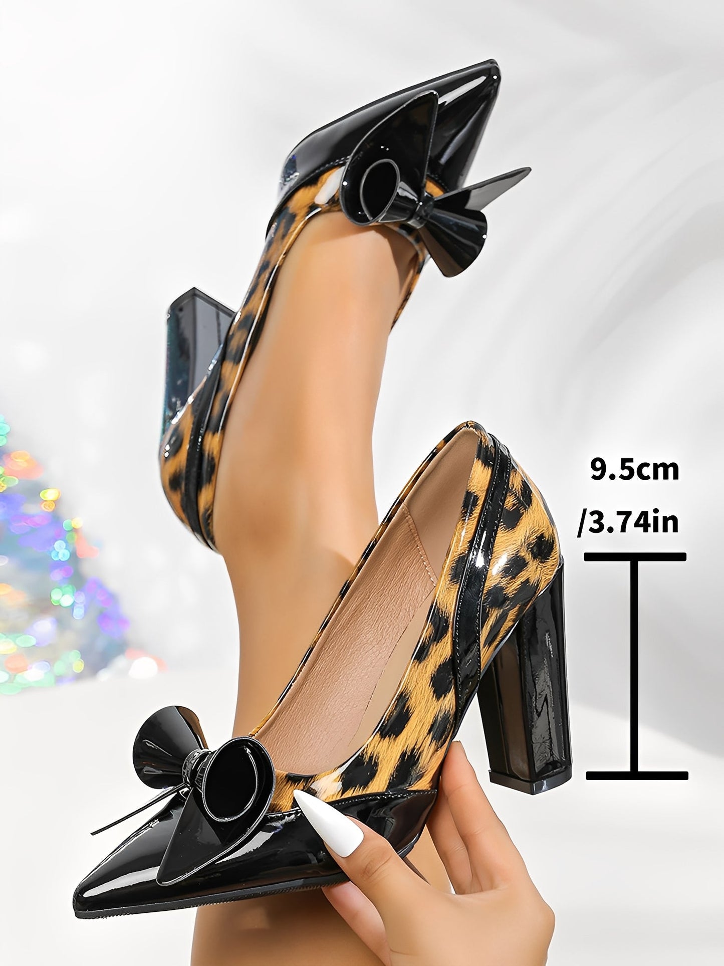 Chunky Heel Patent Leather Leopard Print Pointed Toe Pumps