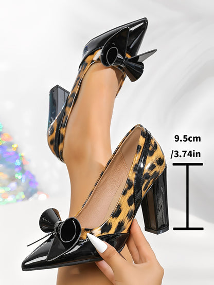 Chunky Heel Patent Leather Leopard Print Pointed Toe Pumps