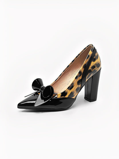 Chunky Heel Patent Leather Leopard Print Pointed Toe Pumps
