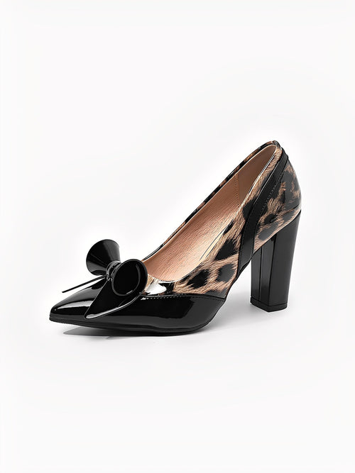 Chunky Heel Patent Leather Leopard Print Pointed Toe Pumps