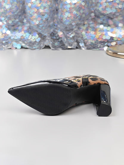 Chunky Heel Patent Leather Leopard Print Pointed Toe Pumps