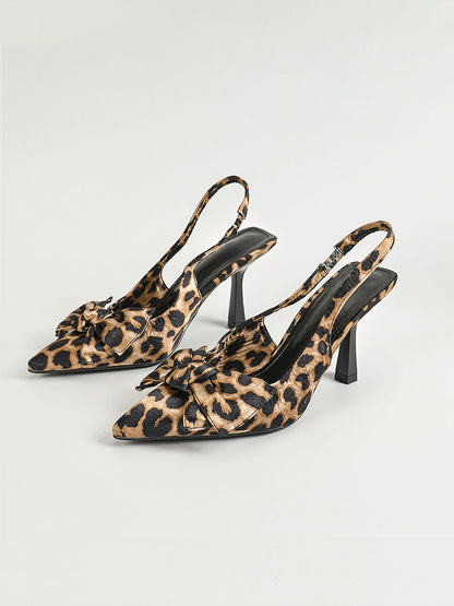 Leopard Print Bow Pointed Toe Stiletto Heels Slingback Mules