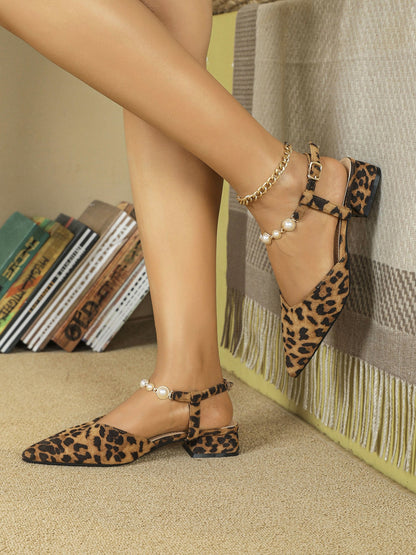 Leopard Pointed Toe Faux Pearl Strap Low Heel Slingback Mules