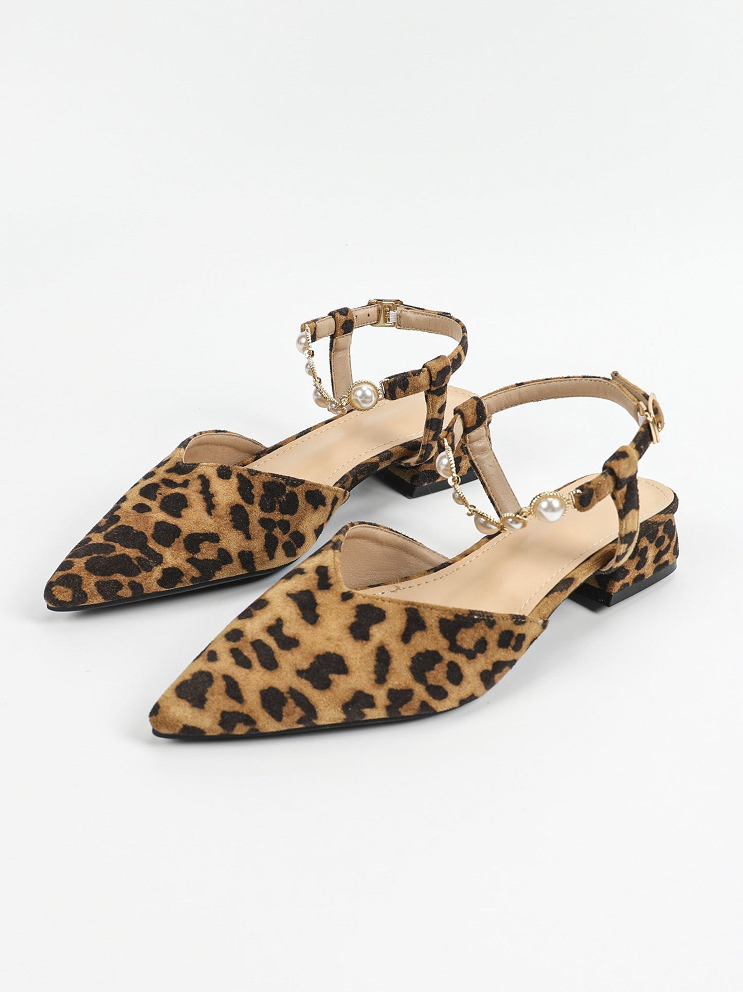 Leopard Pointed Toe Faux Pearl Strap Low Heel Slingback Mules