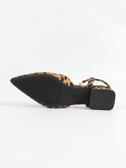 Leopard Pointed Toe Faux Pearl Strap Low Heel Slingback Mules
