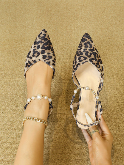 Leopard Pointed Toe Faux Pearl Strap Low Heel Slingback Mules