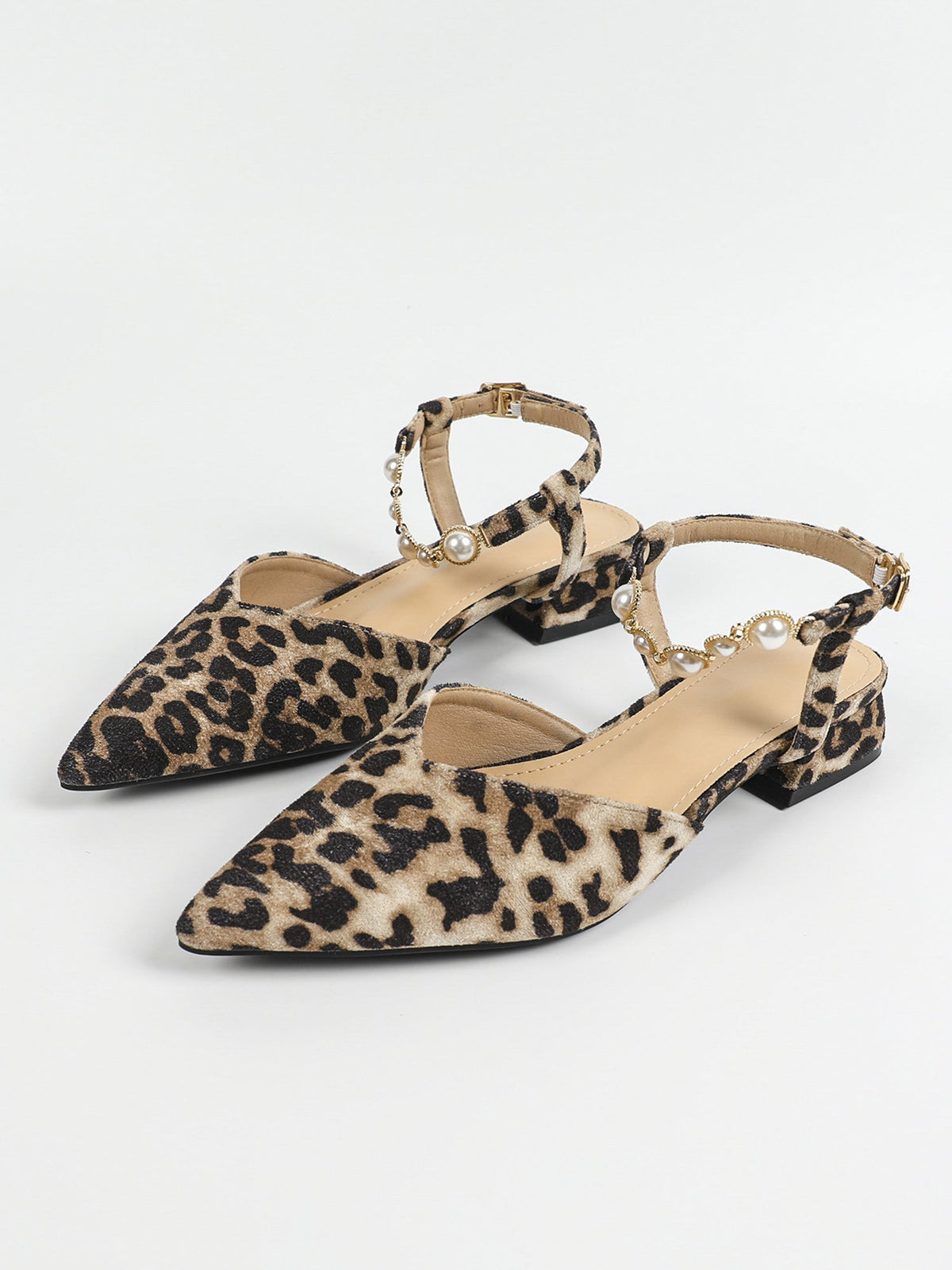 Leopard Pointed Toe Faux Pearl Strap Low Heel Slingback Mules