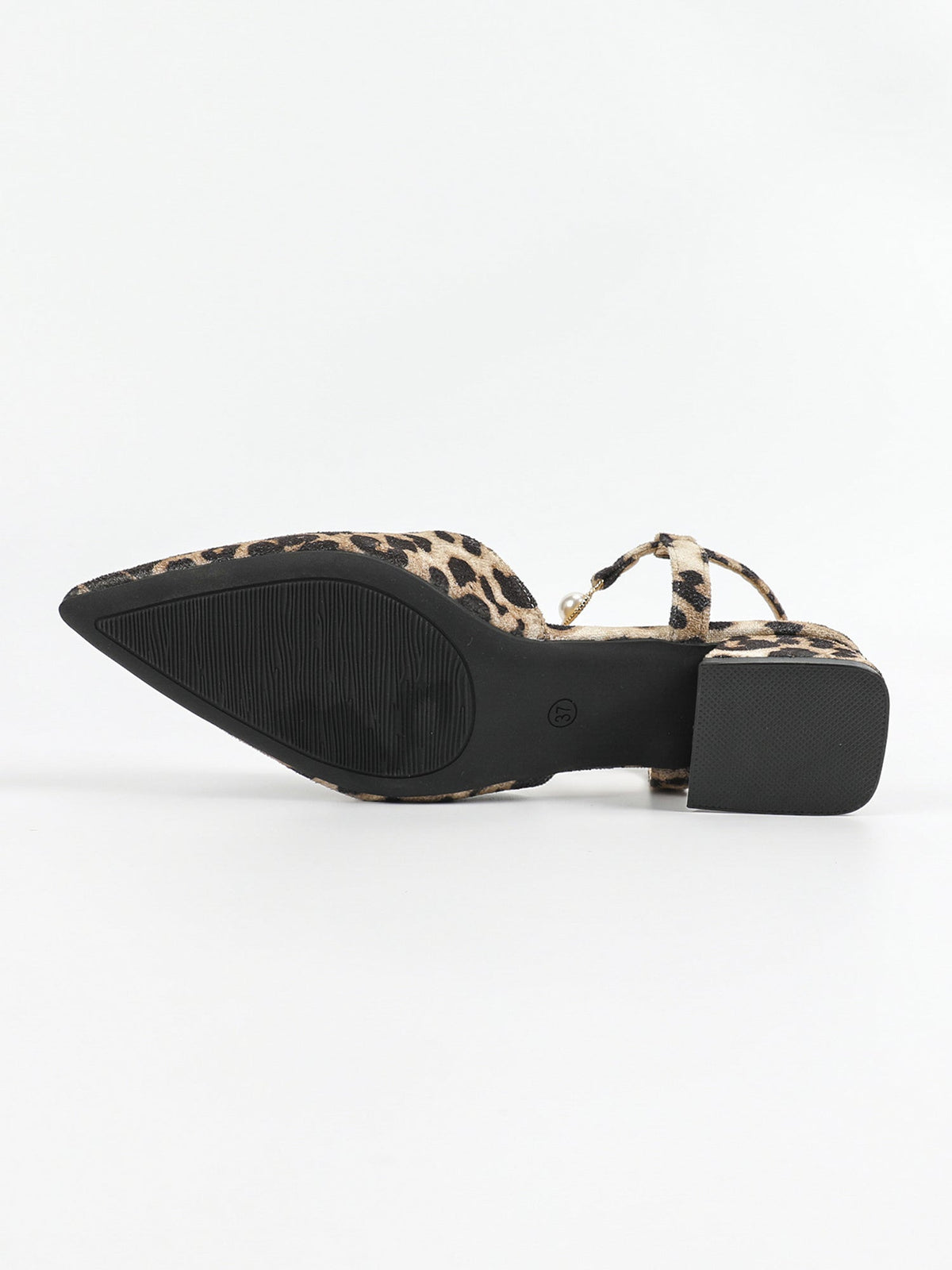 Leopard Pointed Toe Faux Pearl Strap Low Heel Slingback Mules