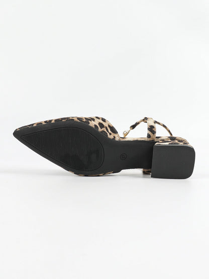 Leopard Pointed Toe Faux Pearl Strap Low Heel Slingback Mules