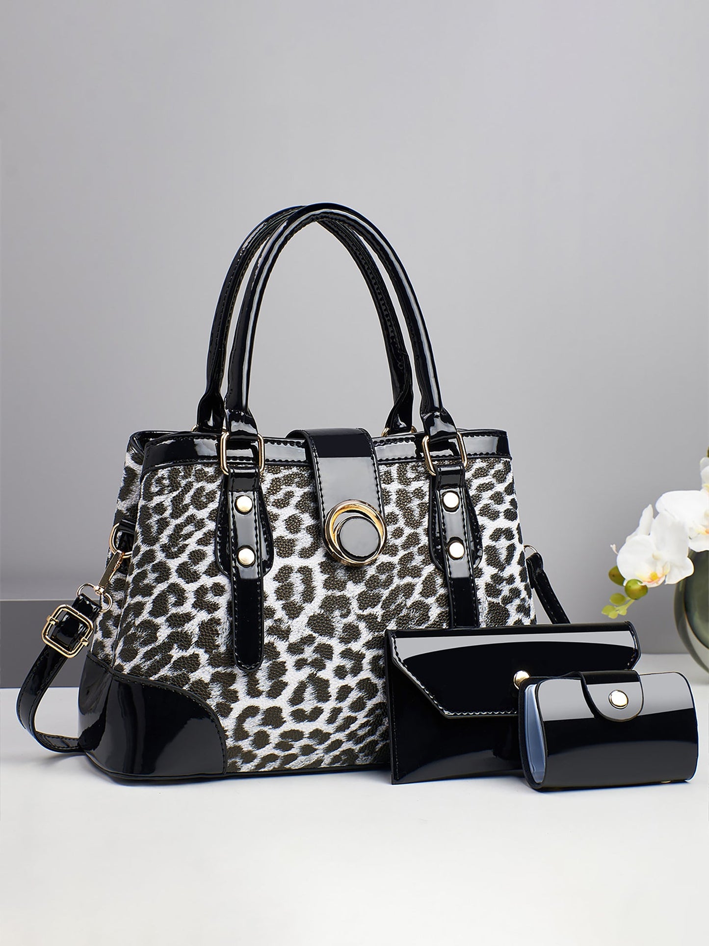3 Pieces Leopard Faux Leather Crossbody Shoulder Tote Bag & Card Holder & Purse Set
