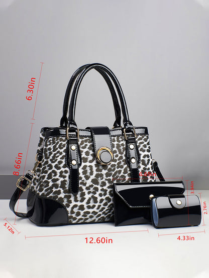3 Pieces Leopard Faux Leather Crossbody Shoulder Tote Bag & Card Holder & Purse Set