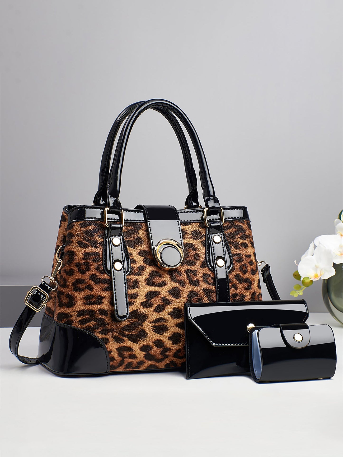 3 Pieces Leopard Faux Leather Crossbody Shoulder Tote Bag & Card Holder & Purse Set