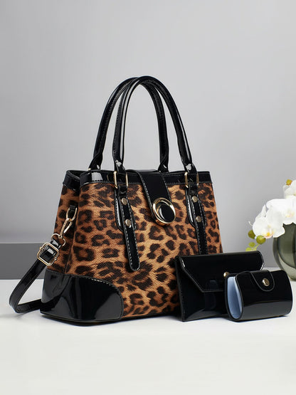3 Pieces Leopard Faux Leather Crossbody Shoulder Tote Bag & Card Holder & Purse Set