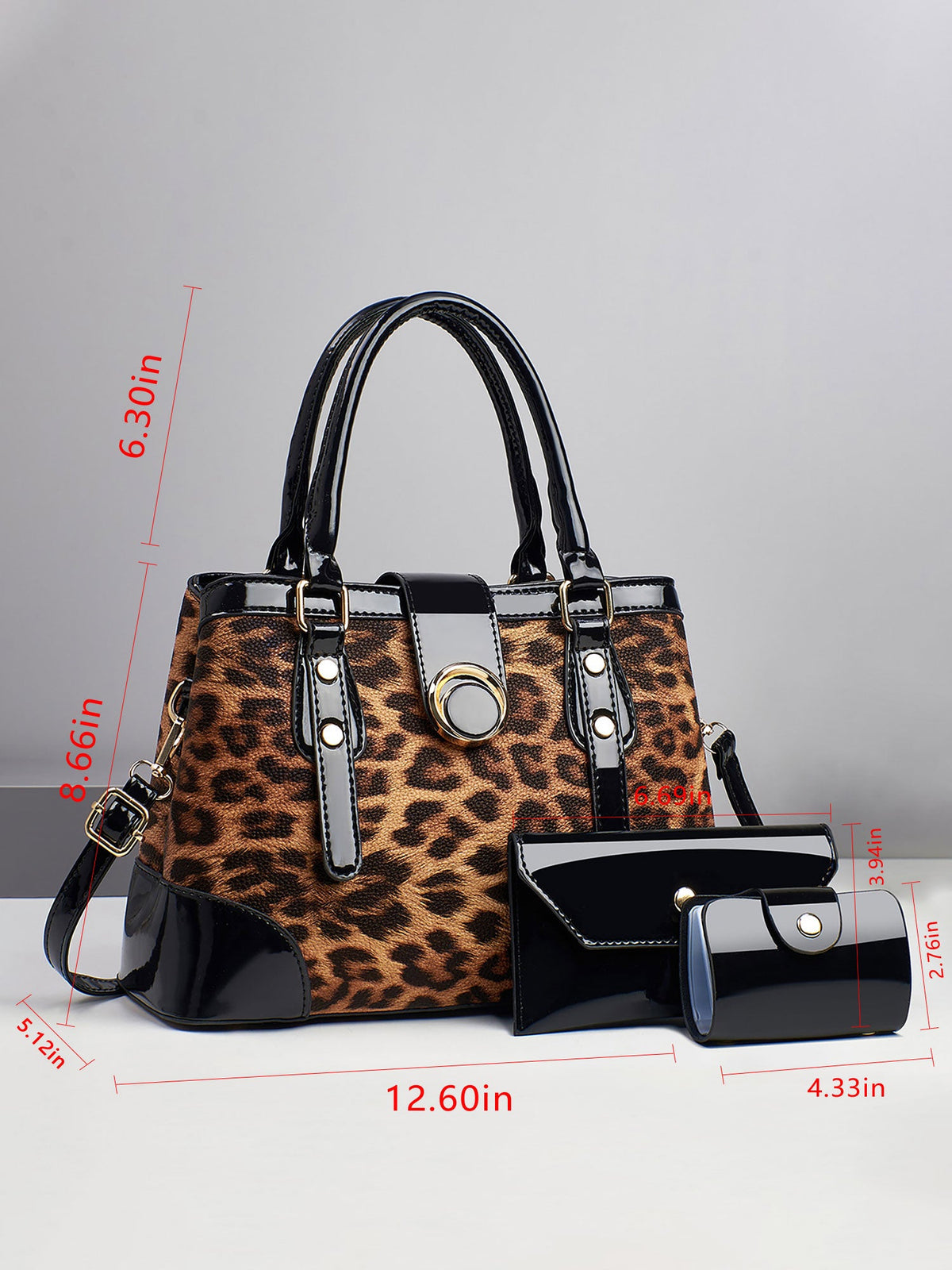 3 Pieces Leopard Faux Leather Crossbody Shoulder Tote Bag & Card Holder & Purse Set