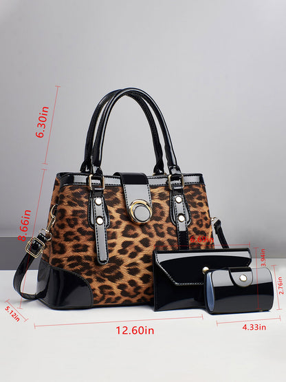 3 Pieces Leopard Faux Leather Crossbody Shoulder Tote Bag & Card Holder & Purse Set
