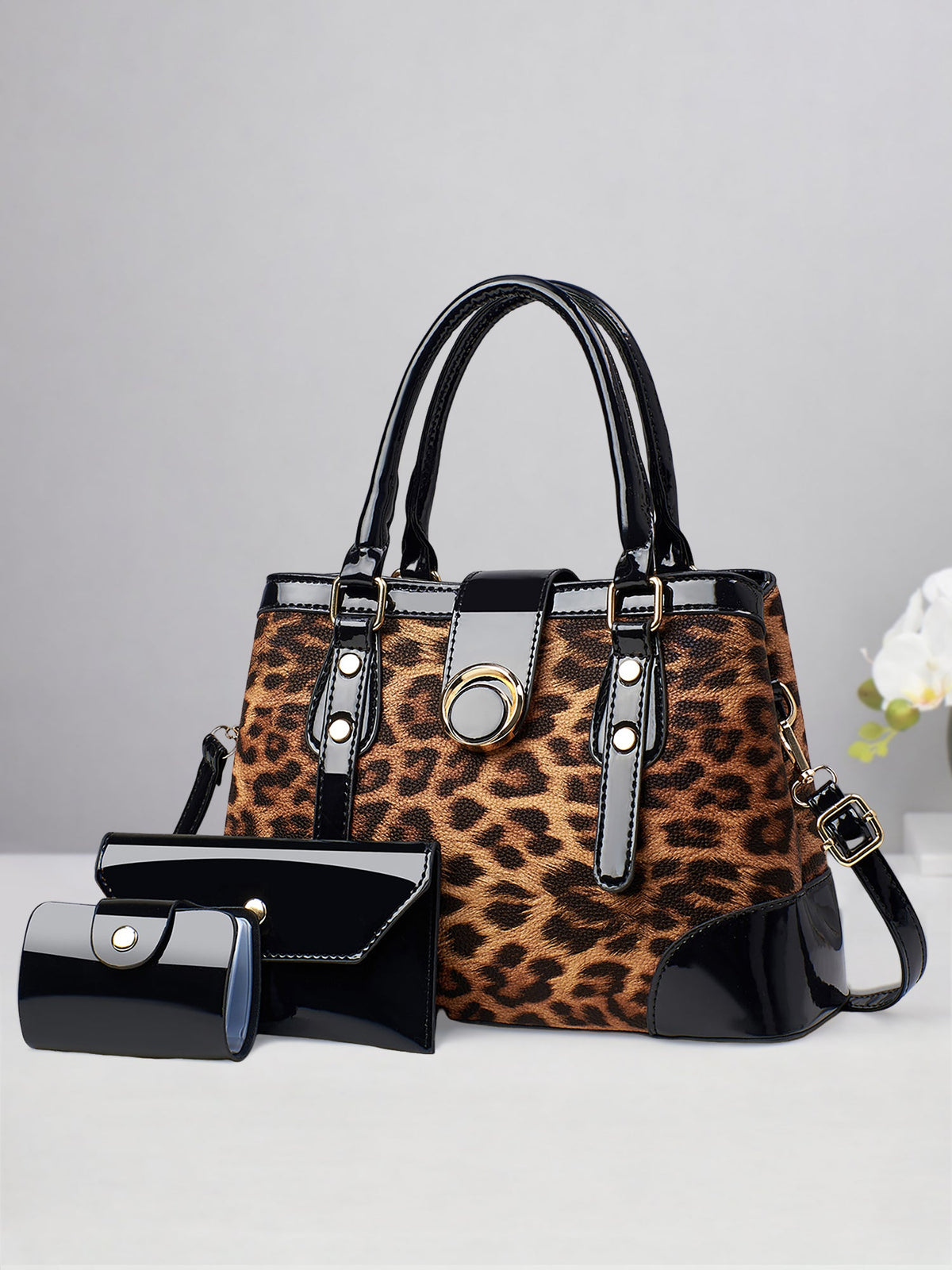 3 Pieces Leopard Faux Leather Crossbody Shoulder Tote Bag & Card Holder & Purse Set