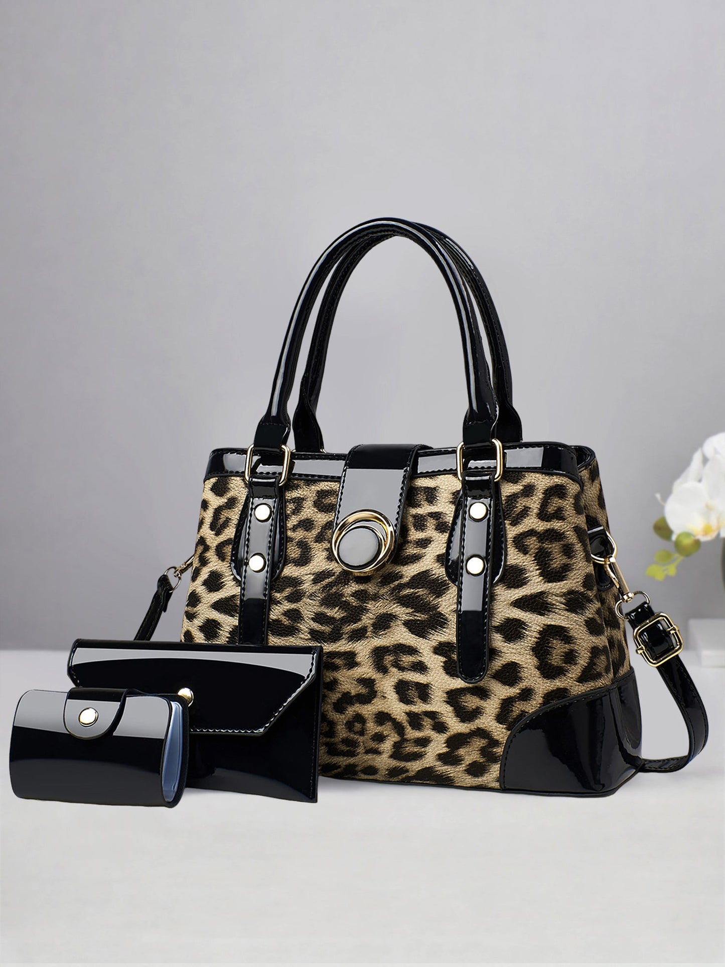3 Pieces Leopard Faux Leather Crossbody Shoulder Tote Bag & Card Holder & Purse Set